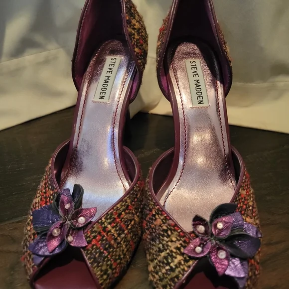 Steve Madden Y2K Tweed Heels Purple Multi Rhinestone Flower Vintage *sz 8.5* - Picture 8 of 8
